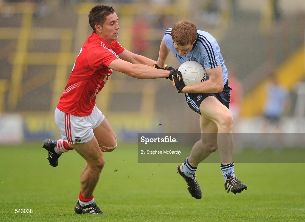 1 August 2011; David Campbell, Dublin, in action against Conor Dorman, Cork. GAA Football All-Ireland Minor Championship Quarter-Final, Dublin v Cork, O'Moore Park, Portlaoise, Co. Laois. Picture credit: Stephen McCarthy / SPORTSFILE