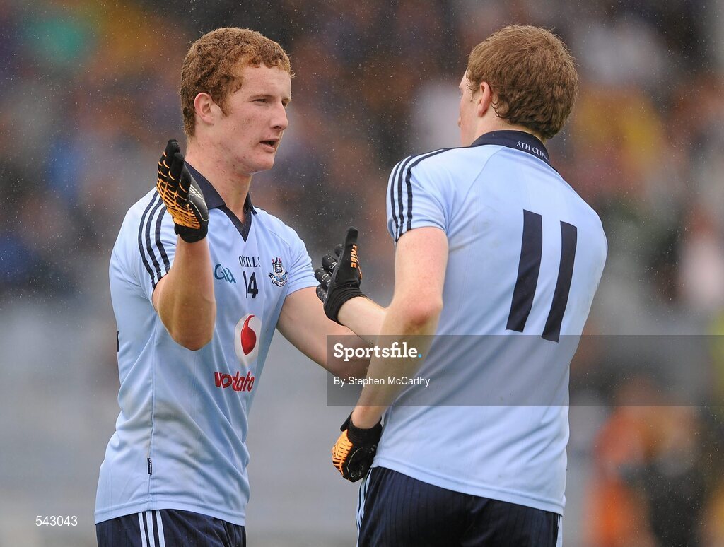 1 August 2011; Dublin's David Campbell, right, celebrates a first half point with team-mate Ciaran Kilkenny. GAA Football All-Ireland Minor Championship Quarter-Final, Dublin v Cork, O'Moore Park, Portlaoise, Co. Laois. Picture credit: Stephen McCarthy / SPORTSFILE