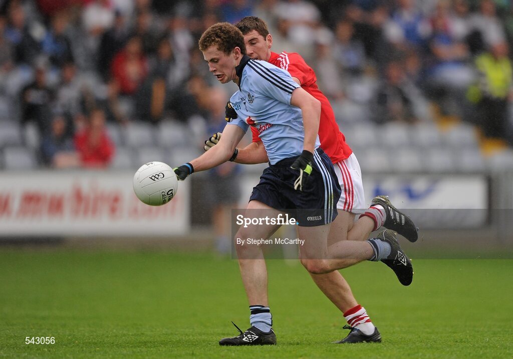 1 August 2011; Jack McCaffrey, Dublin, in action against Mark Sugrue, Cork. GAA Football All-Ireland Minor Championship Quarter-Final, Dublin v Cork, O'Moore Park, Portlaoise, Co. Laois. Picture credit: Stephen McCarthy / SPORTSFILE