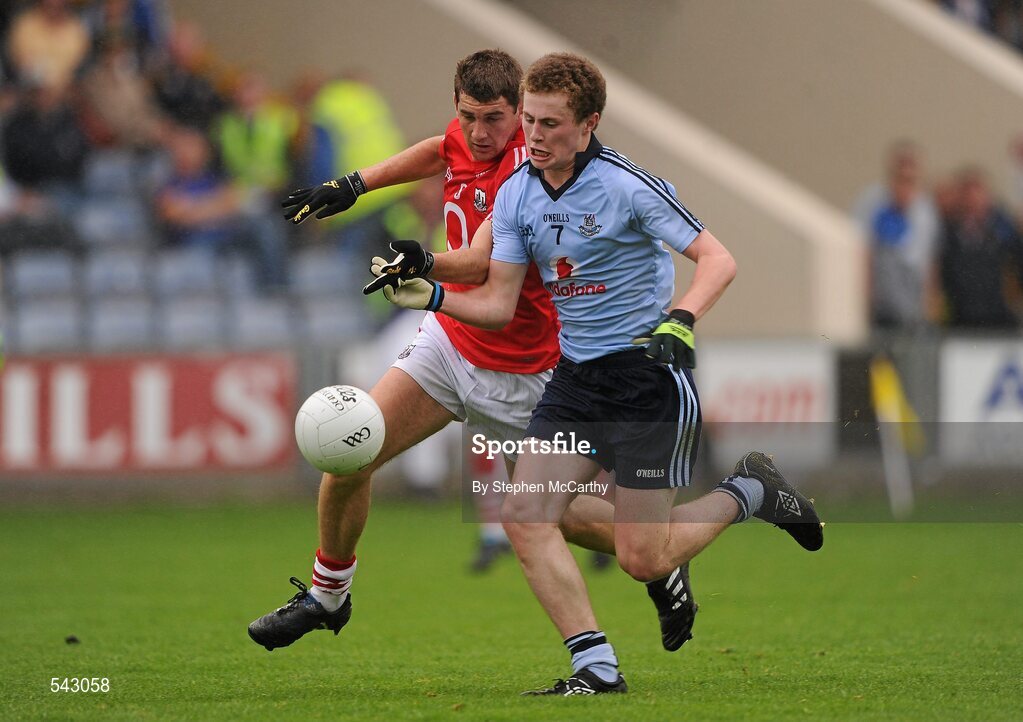 1 August 2011; Jack McCaffrey, Dublin, in action against Mark Sugrue, Cork. GAA Football All-Ireland Minor Championship Quarter-Final, Dublin v Cork, O'Moore Park, Portlaoise, Co. Laois. Picture credit: Stephen McCarthy / SPORTSFILE