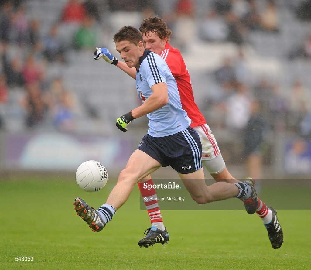 1 August 2011; Eric Lowndes, Dublin, in action against Kevin Kavanagh, Cork. GAA Football All-Ireland Minor Championship Quarter-Final, Dublin v Cork, O'Moore Park, Portlaoise, Co. Laois. Picture credit: Stephen McCarthy / SPORTSFILE