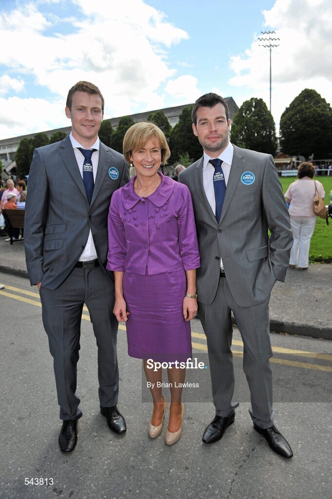 4 August 2011; Independent Presidential candidate Mary Davis with her sons Patrick, left, and Jonny at the Dublin Horse Show 2011, RDS, Ballsbridge, Dublin. Picture credit: Brian Lawless / SPORTSFILE