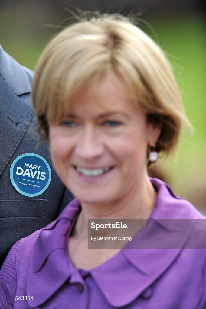 4 August 2011; A sticker showing the support of Independent Presidential candidate Mary Davis in the background while Mary Davis poses for a picture during the Dublin Horse Show 2011, RDS, Ballsbridge, Dublin. Picture credit: Stephen McCarthy / SPORTSFILE