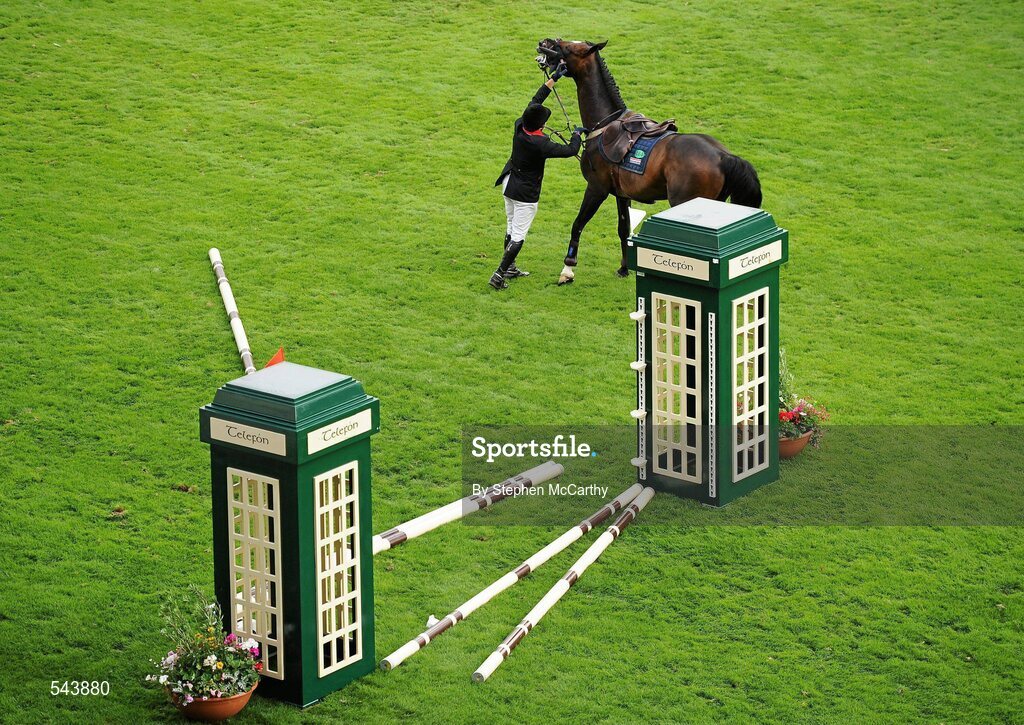4 August 2011; John Whitaker, Great Britain, checks on his mount, USA Today, after a fall during the Power & Speed Event. Dublin Horse Show 2011, RDS, Ballsbridge, Dublin. Picture credit: Stephen McCarthy / SPORTSFILE