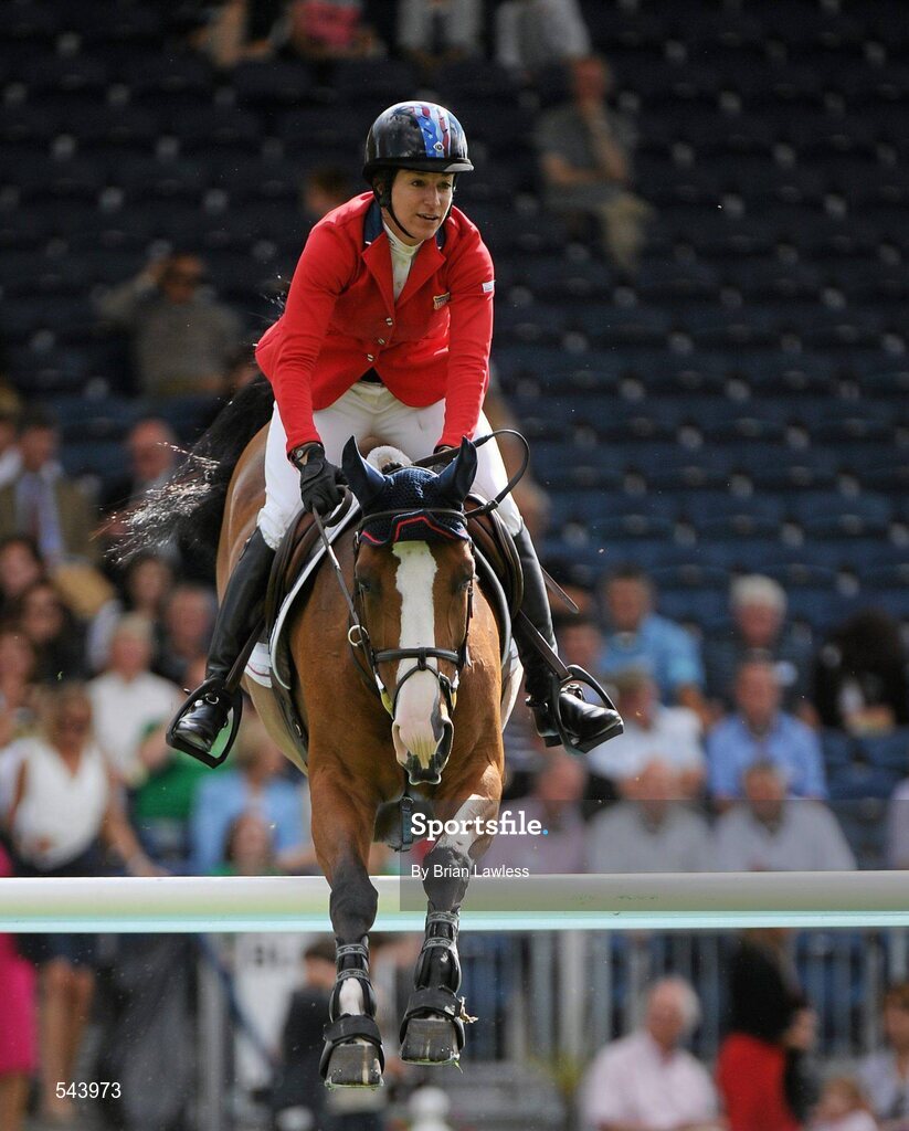 4 August 2011; Laura Kraut, USA, competing on Dona Evita, on her way to winning the Power & Speed Event. Dublin Horse Show 2011, RDS, Ballsbridge, Dublin. Picture credit: Brian Lawless / SPORTSFILE