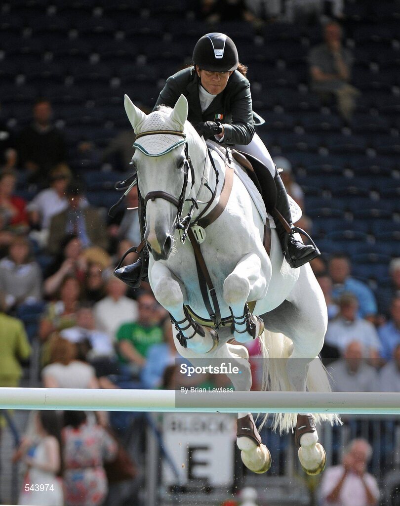 4 August 2011; Jennifer Crooks, Ireland, competing on S.F. Uryadi, during the Power & Speed Event. Dublin Horse Show 2011, RDS, Ballsbridge, Dublin. Picture credit: Brian Lawless / SPORTSFILE