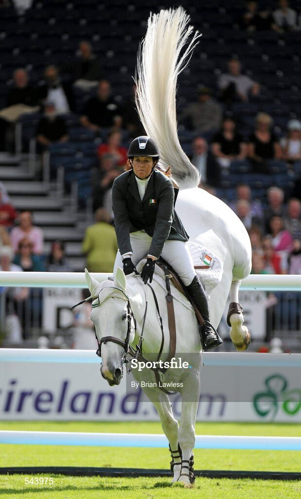 4 August 2011; Jennifer Crooks, Ireland, competing on S.F. Uryadi, during the Power & Speed Event. Dublin Horse Show 2011, RDS, Ballsbridge, Dublin. Picture credit: Brian Lawless / SPORTSFILE