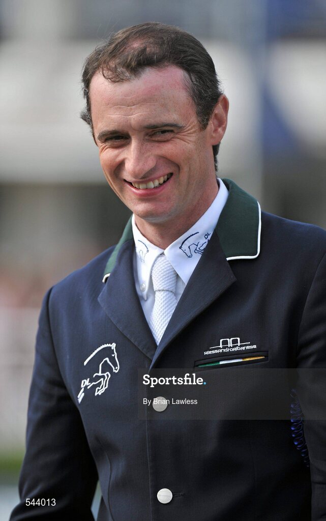 4 August 2011; Denis Lynch, Ireland, after placing second in the Power & Speed Event on Night Train. Dublin Horse Show 2011, RDS, Ballsbridge, Dublin. Picture credit: Brian Lawless / SPORTSFILE