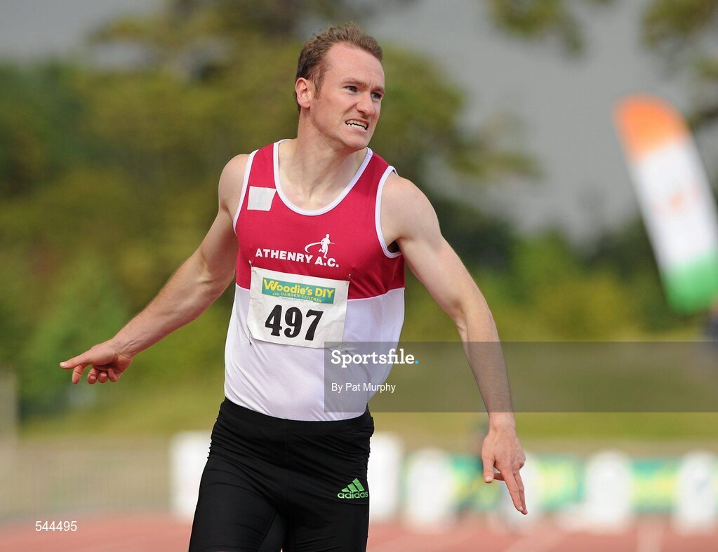 6 August 2011; Paul Hession, from Athenry AC, crosses the finish line in a time of 20.51 seconds to win the Men's 200m final and achieve an A Standard qualification for the World Championships and the A Standard Qualification for the Olympic Games in London 2012 at the Woodie's DIY AAI Senior Track & Field Championships. Morton Stadium, Santry, Co. Dublin. Picture credit: Pat Murphy / SPORTSFILE