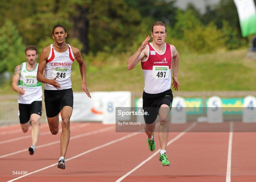 6 August 2011; Paul Hession, from Athenry AC, on his way to winning the Men's 200m final in a time of 20.51 seconds, ahead of Steven Colvert, Crusaders AC, left, to achieve an A Standard qualification for the World Championships and the A Standard Qualification for the Olympic Games in London 2012 at the Woodie's DIY AAI Senior Track & Field Championships. Morton Stadium, Santry, Co. Dublin. Picture credit: Pat Murphy / SPORTSFILE