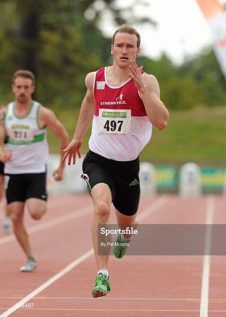 6 August 2011; Paul Hession, from Athenry AC, on his way to winning his Men's 200m heat. Paul later won the final in a time of 20.51 seconds, to achieve an A Standard qualification for the World Championships and the A Standard Qualification for the Olympic Games in London 2012 at the Woodie's DIY AAI Senior Track & Field Championships. Morton Stadium, Santry, Co. Dublin. Picture credit: Pat Murphy / SPORTSFILE