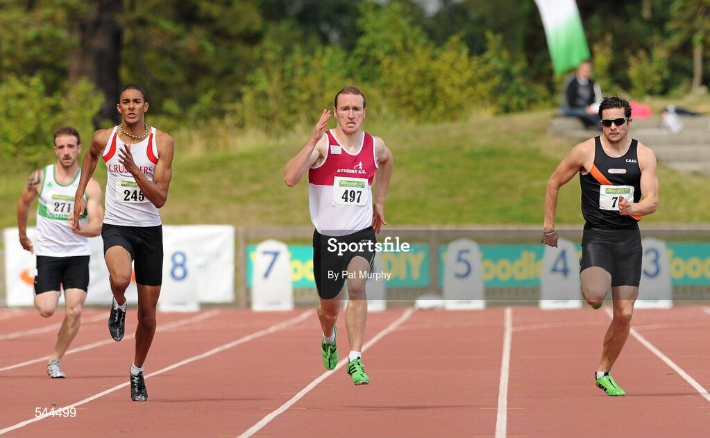 6 August 2011; Paul Hession, from Athenry AC, on his way to winning the Men's 200m final in a time of 20.51 seconds, ahead of Steven Colvert, Crusaders AC, left, and Brian Gregan, Clonliffe Harriers AC, right, to achieve an A Standard qualification for the World Championships and the A Standard Qualification for the Olympic Games in London 2012 at the Woodie's DIY AAI Senior Track & Field Championships. Morton Stadium, Santry, Co. Dublin. Picture credit: Pat Murphy / SPORTSFILE