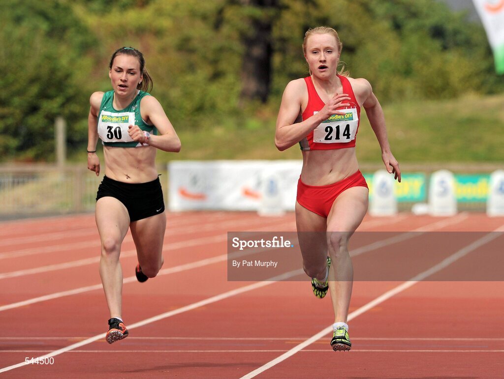 6 August 2011; Amy Foster, from City of Lisburn AC, crosses the finish line to win the Women's 200m Final ahead of Niamh Whelan, Ferrybank AC, left, at the Woodie's DIY AAI Senior Track & Field Championships. Morton Stadium, Santry, Co. Dublin. Picture credit: Pat Murphy / SPORTSFILE