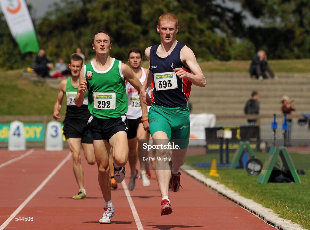 6 August 2011; David McCarthy, Le Cheile A.C., right, on his way to victory in the Men's 800m Heat at the Woodie's DIY AAI Senior Track & Field Championships. Morton Stadium, Santry, Co. Dublin. Picture credit: Pat Murphy / SPORTSFILE