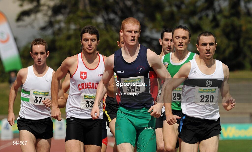 6 August 2011; David McCarthy, Le Cheile A.C., 393, on his way to victory in the Men's 800m Heat at the Woodie's DIY AAI Senior Track & Field Championships. Morton Stadium, Santry, Co. Dublin. Picture credit: Pat Murphy / SPORTSFILE