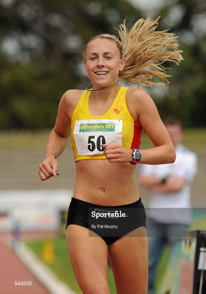 6 August 2011; Kerry Harty, Newcastle AC, crosses the finish line to win the Women's 3000m Steeplechase Final at the Woodie's DIY AAI Senior Track & Field Championships. Morton Stadium, Santry, Co. Dublin. Picture credit: Pat Murphy / SPORTSFILE