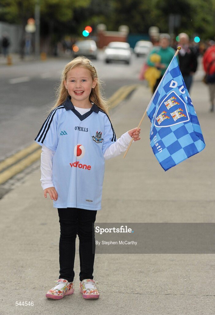 6 August 2011; Dublin supporter Caoimhe McManus, age 5, from Blackhorse Avenue, Dublin, ahead of the GAA Football All-Ireland Senior Championship Quarter-Final, Dublin v Tyrone, Croke Park, Dublin. Picture credit: Stephen McCarthy / SPORTSFILE