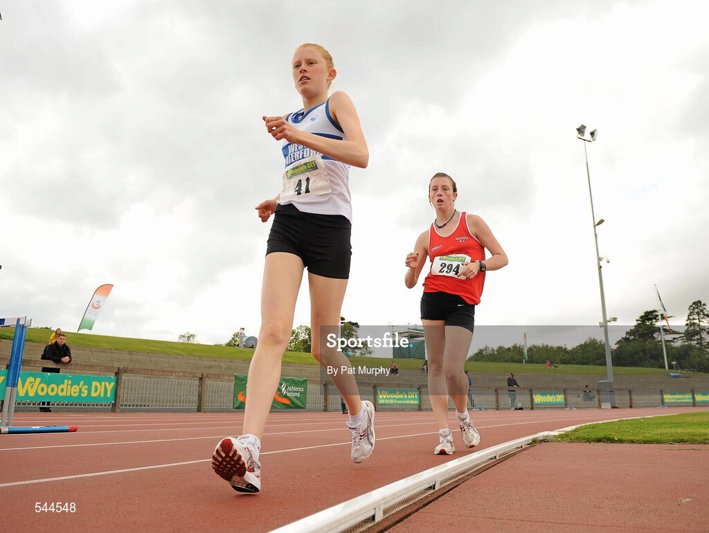 6 August 2011; Kate Veale, from West Waterford AC, races clear of Laura Reybolds, Mohill AC, on her way to winning the Women's 5000m Walking event at the Woodie's DIY AAI Senior Track & Field Championships. Morton Stadium, Santry, Co. Dublin. Picture credit: Pat Murphy / SPORTSFILE