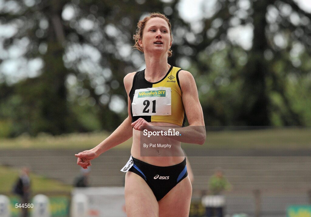 6 August 2011; Jonne Cuddihy, from Kilkenny City Harriers AC, crosses the finish line to win her 800m heat at the Woodie's DIY AAI Senior Track & Field Championships. Morton Stadium, Santry, Co. Dublin. Picture credit: Pat Murphy / SPORTSFILE