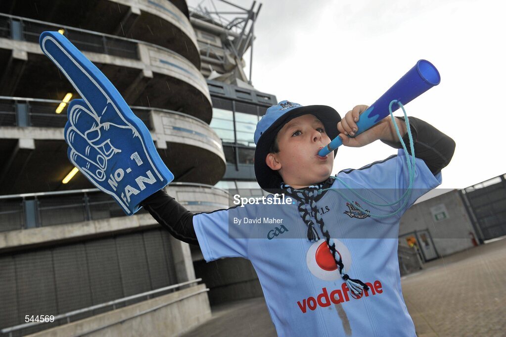 6 August 2011; Dublin supporter Zak Griffin, age 8, cheers on his side before the GAA Football All-Ireland Senior Championship Quarter-Final, Dublin v Tyrone, Croke Park, Dublin. Picture credit: David Maher / SPORTSFILE
