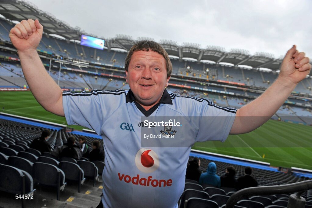6 August 2011; Dublin supporter Martin Carroll cheers on his side before the GAA Football All-Ireland Senior Championship Quarter-Final, Dublin v Tyrone, Croke Park, Dublin. Picture credit: David Maher / SPORTSFILE