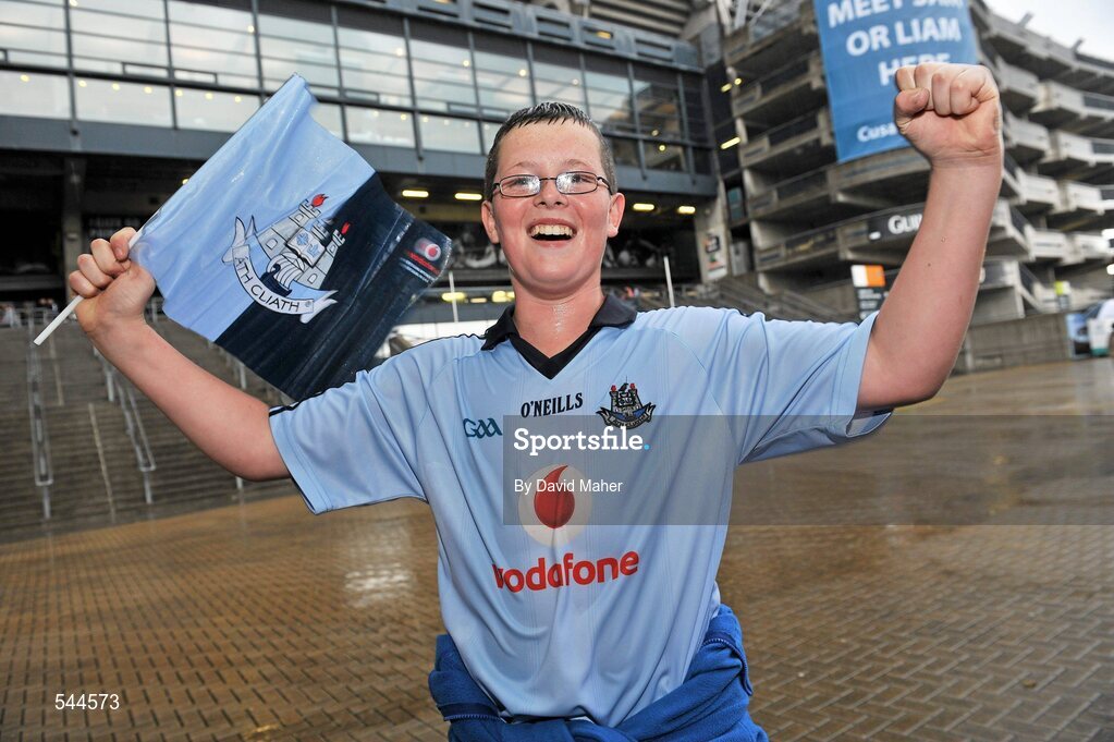 6 August 2011; Dublin supporter Daniel Sproul, age 13, from Ballymun, Co. Dublin, cheers on his side before the GAA Football All-Ireland Senior Championship Quarter-Final, Dublin v Tyrone, Croke Park, Dublin. Picture credit: David Maher / SPORTSFILE
