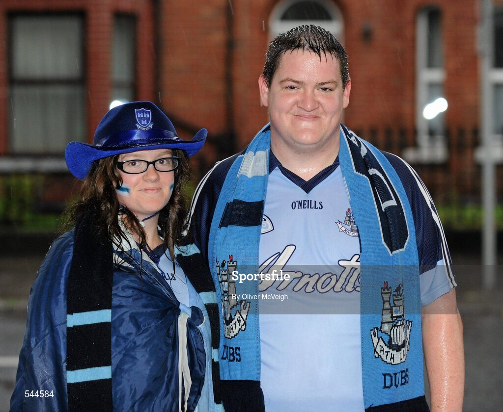 6 August 2011; Dublin fans Elisabeth and Kevin O'Connor, from Blanchardstown, Dublin, making their way to the GAA Football All-Ireland Senior Championship Quarter-Final, Dublin v Tyrone, Croke Park, Dublin. Picture credit: Oliver McVeigh / SPORTSFILE