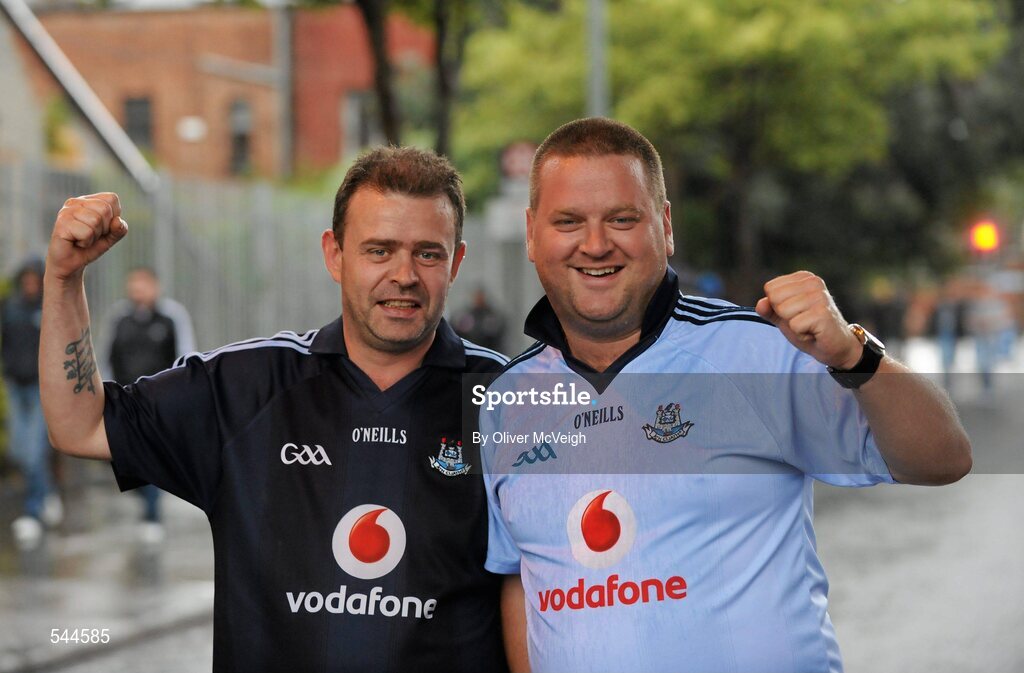 6 August 2011; Cormac Coughlan and Stephen Byrne, from Rathfarnham, Dublin, on their way to the GAA Football All-Ireland Senior Championship Quarter-Final, Dublin v Tyrone, Croke Park, Dublin. Picture credit: Oliver McVeigh / SPORTSFILE