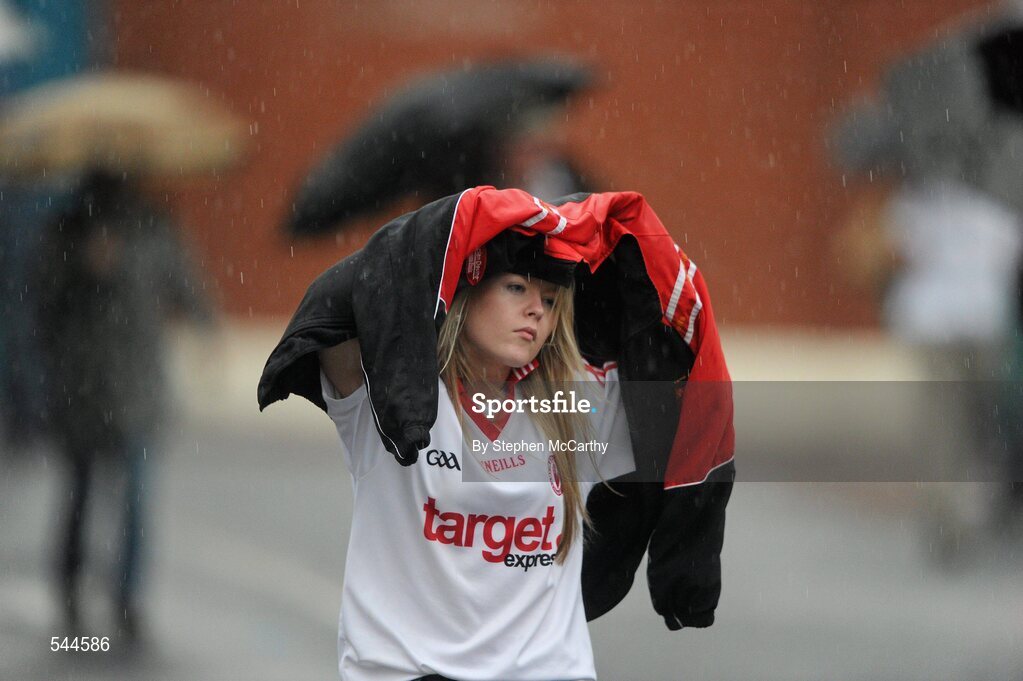 6 August 2011; Tyrone supporter Lauren Corry, from Castlederg, Co. Tyrone, arrives ahead of the GAA Football All-Ireland Senior Championship Quarter-Final, Dublin v Tyrone, Croke Park, Dublin. Picture credit: Stephen McCarthy / SPORTSFILE