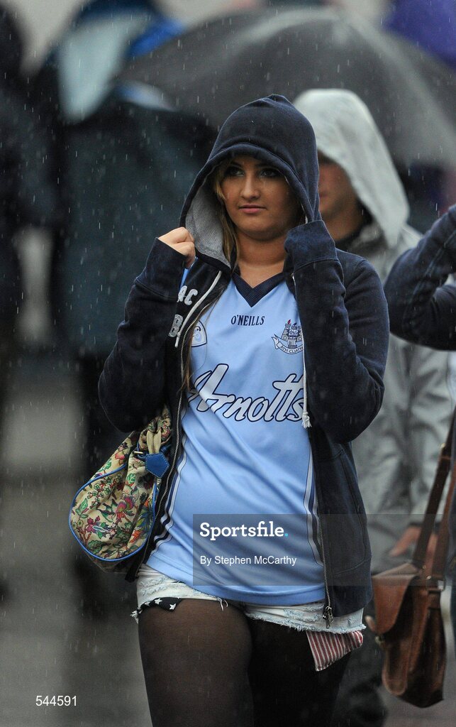 6 August 2011; Dublin supporter Fiona Black, from Foxrock, Dublin, arrives ahead of the GAA Football All-Ireland Senior Championship Quarter-Final, Dublin v Tyrone, Croke Park, Dublin. Picture credit: Stephen McCarthy / SPORTSFILE