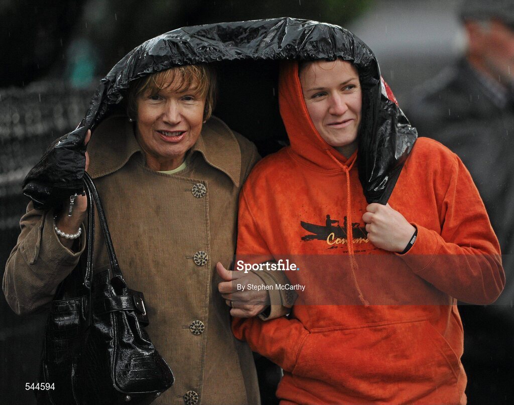 6 August 2011; Tyrone supporters Bernie Naughton and Tyrone Ladies Ladies Footballer Gemma Begley, from Carrickmore, Co. Tyrone, arrive ahead of the GAA Football All-Ireland Senior Championship Quarter-Final, Dublin v Tyrone, Croke Park, Dublin. Picture credit: Stephen McCarthy / SPORTSFILE