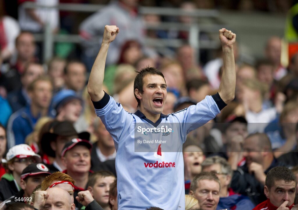 6 August 2011; A Dublin supporter cheers on his side during the closing stages of the GAA Football All-Ireland Senior Championship Quarter-Final, Dublin v Tyrone, Croke Park, Dublin. Picture credit: David Maher / SPORTSFILE