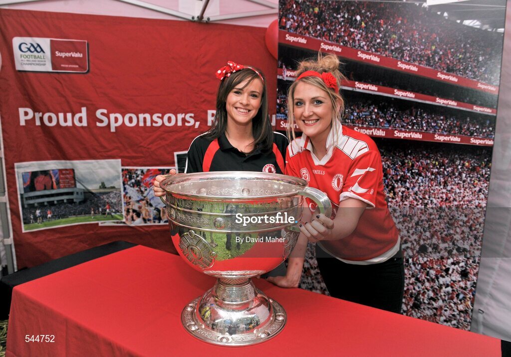 6 August 2011; Tyrone supporters Shauna Kane  and Mary Robinson, pictured with the Sam Maguire before the  GAA Football All-Ireland Senior Championship Quarter-Final, Dublin v Tyrone, Croke Park, Dublin. Picture credit: David Maher / SPORTSFILE