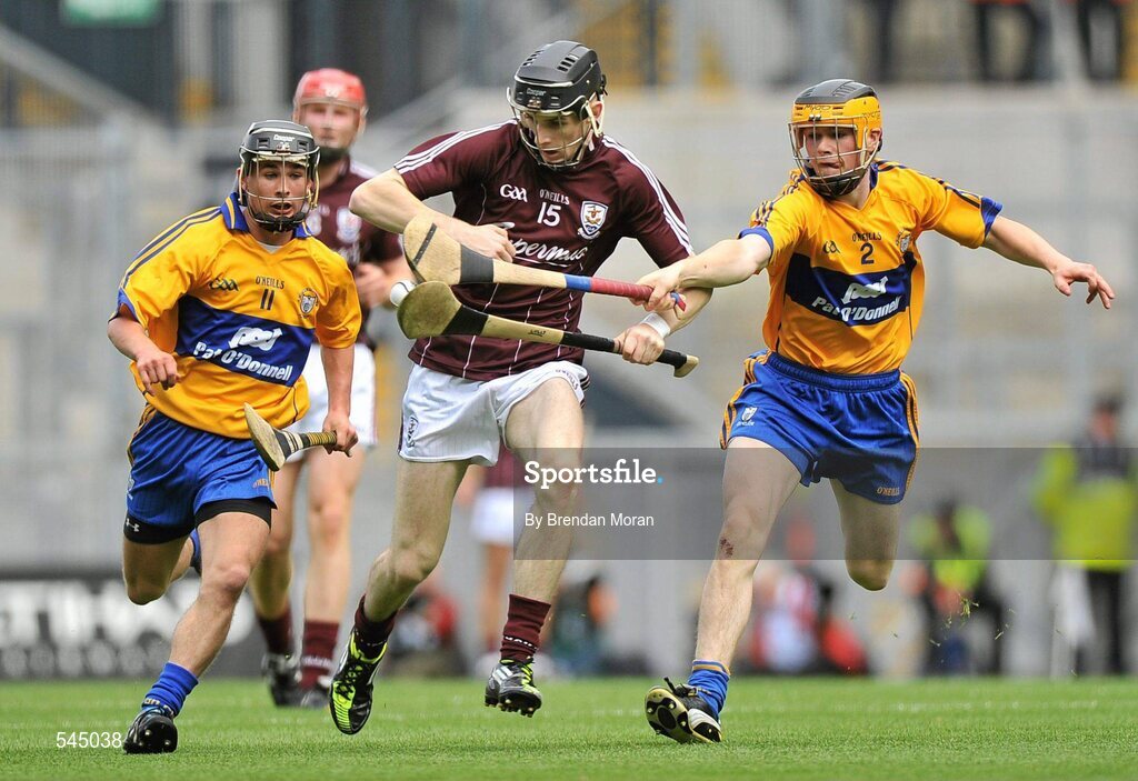 7 August 2011; Keelan Cullinane, Galway, is dispossessed by Shane O'Brien, right, Clare. GAA Hurling All-Ireland Minor Championship Semi-Final, Clare v Galway, Croke Park, Dublin. Picture credit: Brendan Moran / SPORTSFILE