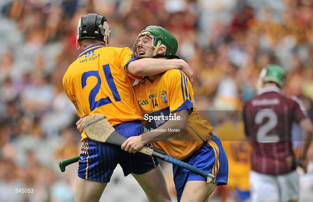 7 August 2011; Oisin Hickey, Clare, celebrates with team-mate Shane Liddy, 21, after scoring their side's second half goal. GAA Hurling All-Ireland Minor Championship Semi-Final, Clare v Galway, Croke Park, Dublin. Picture credit: Brendan Moran / SPORTSFILE