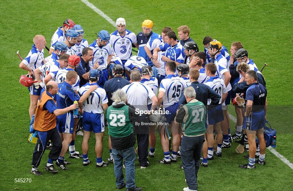 7 August 2011; Waterford manager Davy Fitzgerald speaks to his players before the game. GAA Hurling All-Ireland Senior Championship Semi-Final, Kilkenny v Waterford, Croke Park, Dublin. Picture credit: Brendan Moran / SPORTSFILE