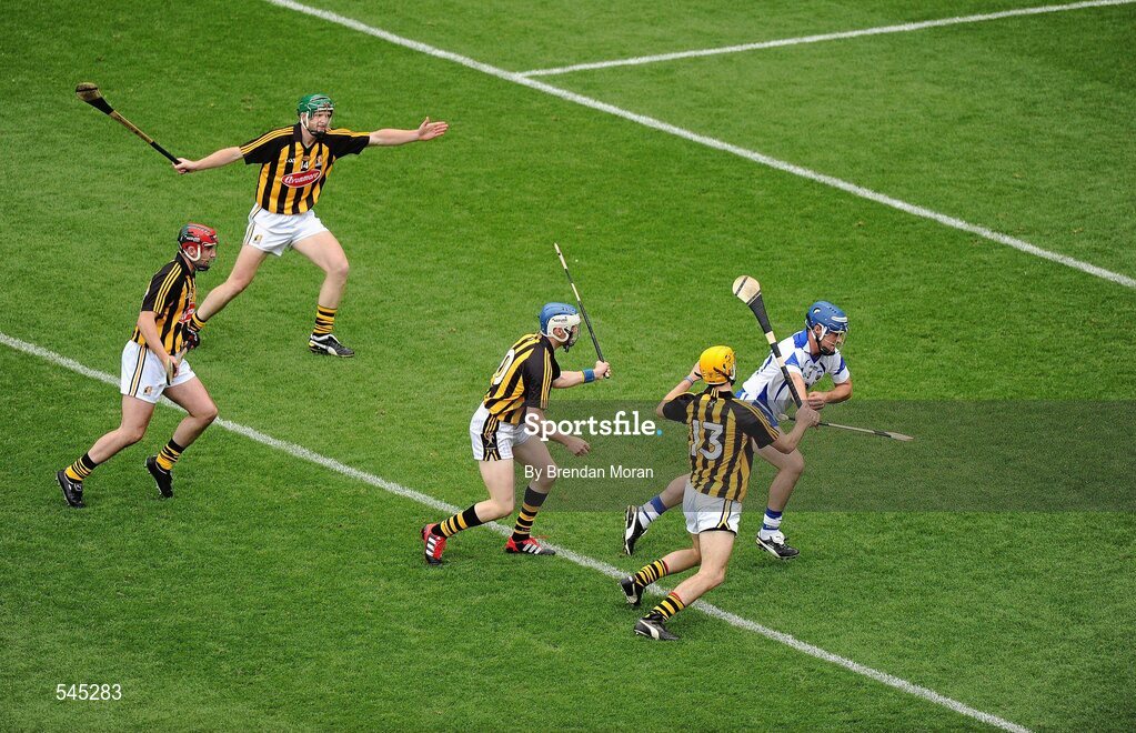 7 August 2011; Liam Lawlor, Waterford, is closed down by Kilkenny players, Eoin Larkin, Henry Shefflin, TJ Reid and Colin Fennelly on his own 21 yard line. GAA Hurling All-Ireland Senior Championship Semi-Final, Kilkenny v Waterford, Croke Park, Dublin. Picture credit: Brendan Moran / SPORTSFILE