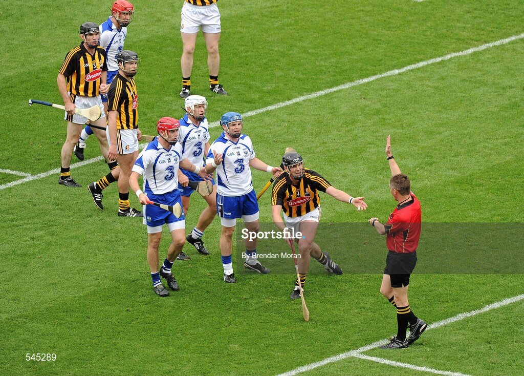 7 August 2011; Jackie Tyrrell, Kilkenny, appeals to referee Barry Kelly after a free was given against him for overcarrying. GAA Hurling All-Ireland Senior Championship Semi-Final, Kilkenny v Waterford, Croke Park, Dublin. Picture credit: Brendan Moran / SPORTSFILE