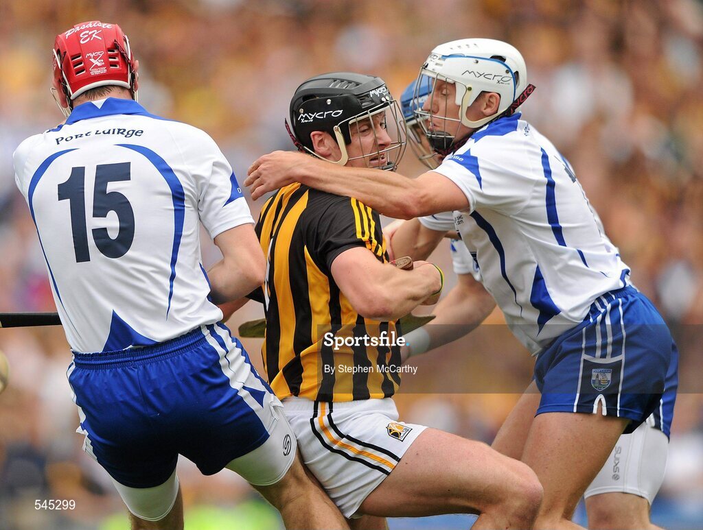 7 August 2011; Jackie Tyrrell, Kilkenny, in action against Eoin Kelly, 15, and Stephen Molumphy, Waterford. GAA Hurling All-Ireland Senior Championship Semi-Final, Kilkenny v Waterford, Croke Park, Dublin. Picture credit: Stephen McCarthy / SPORTSFILE