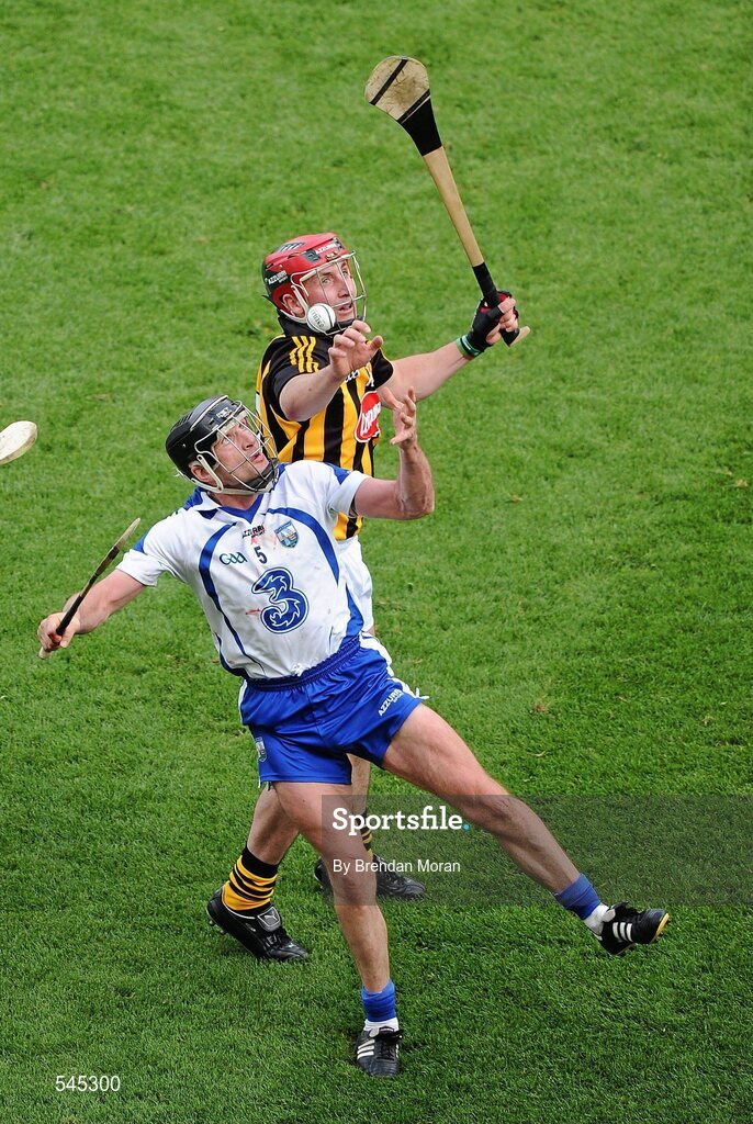 7 August 2011; Tony Browne, Waterford, catches the sliotar ahead of Eoin Larkin, Kilkenny. GAA Hurling All-Ireland Senior Championship Semi-Final, Kilkenny v Waterford, Croke Park, Dublin. Picture credit: Brendan Moran / SPORTSFILE