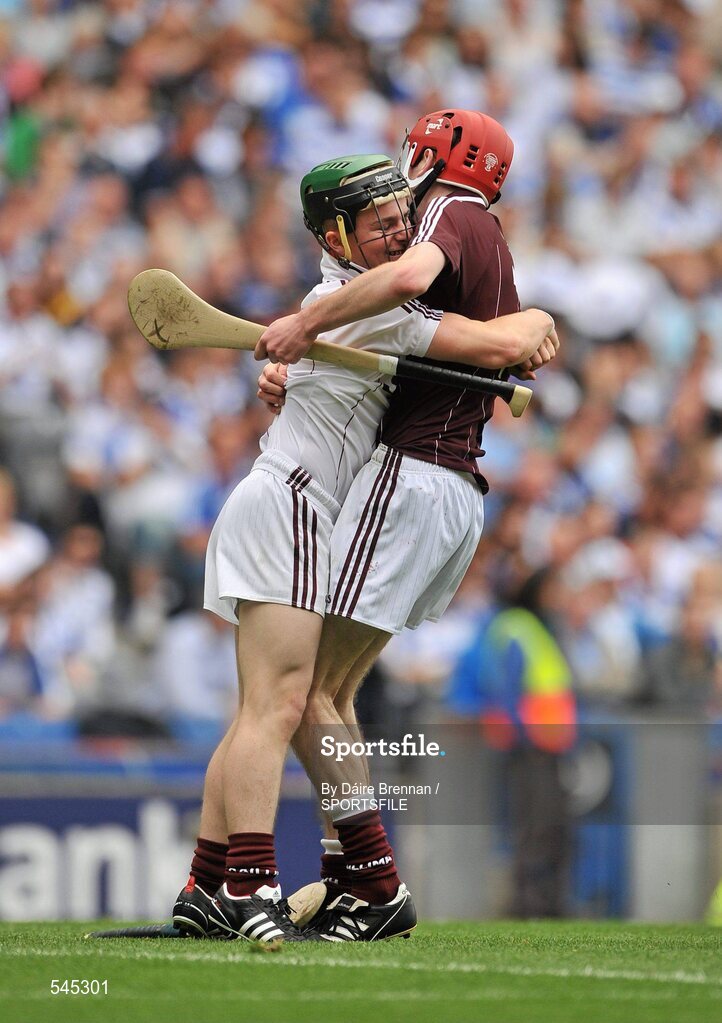 7 August 2011; Shane Mannion, left, and Pádraic Mannion, Galway, celebrate after the game. GAA Hurling All-Ireland Minor Championship Semi-Final, Clare v Galway, Croke Park, Dublin. Picture credit: Daire Brennan / SPORTSFILE