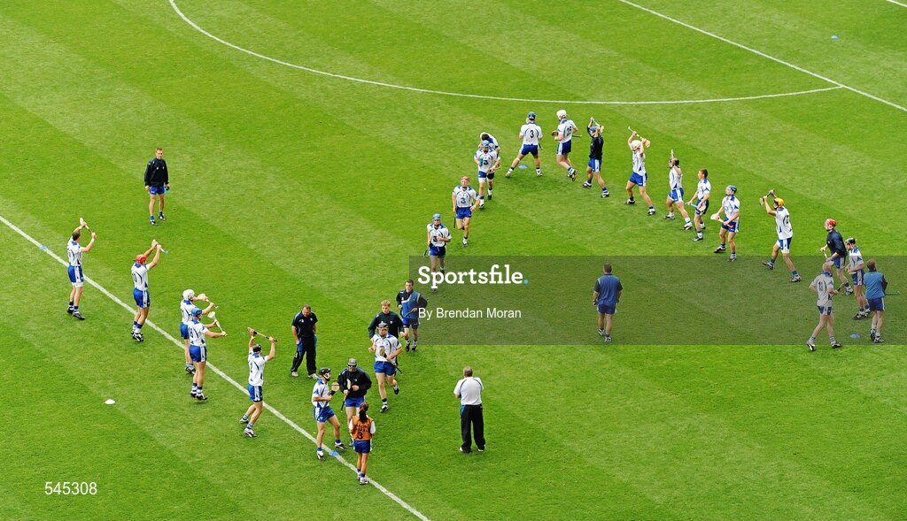 7 August 2011; The Waterford team go through their warm-up routine under the guidance of manager Davy Fitzgerald. GAA Hurling All-Ireland Senior Championship Semi-Final, Kilkenny v Waterford, Croke Park, Dublin. Picture credit: Brendan Moran / SPORTSFILE