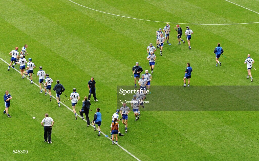 7 August 2011; The Waterford team go through their warm-up routine under the guidance of manager Davy Fitzgerald. GAA Hurling All-Ireland Senior Championship Semi-Final, Kilkenny v Waterford, Croke Park, Dublin. Picture credit: Brendan Moran / SPORTSFILE