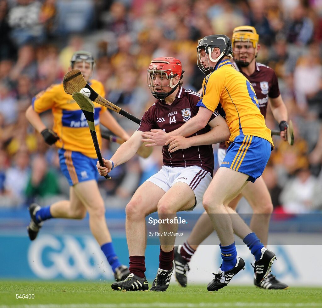 7 August 2011; Shane Maloney, Galway, is tackled by Jamie Shanahan, Clare. GAA Hurling All-Ireland Minor Championship Semi-Final, Clare v Galway, Croke Park, Dublin. Picture credit: Ray McManus / SPORTSFILE