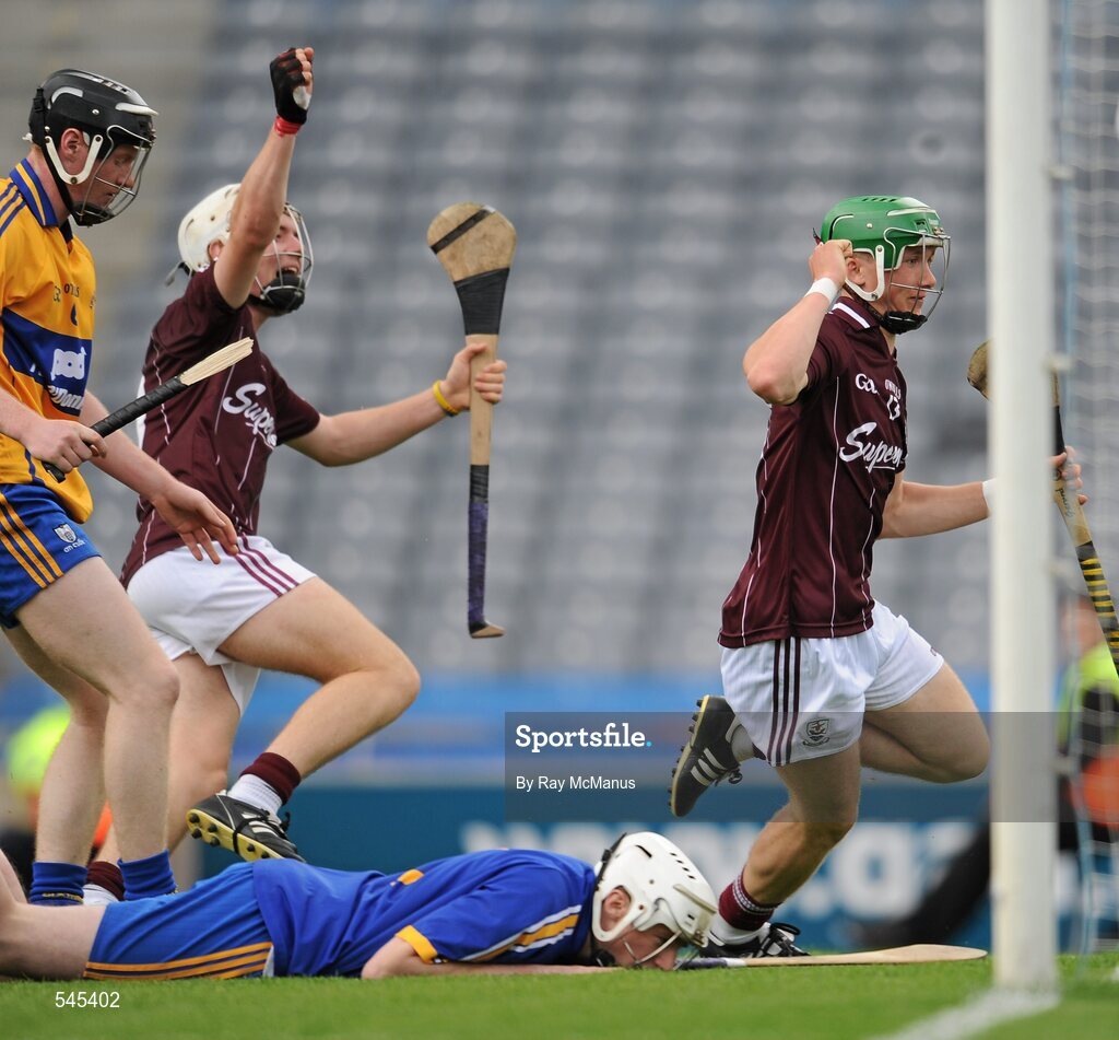 7 August 2011; Geard O'Donoghue, and Padraig Brehony, left, celebrate the last minute goal for Galway. GAA Hurling All-Ireland Minor Championship Semi-Final, Clare v Galway, Croke Park, Dublin. Picture credit: Ray McManus / SPORTSFILE