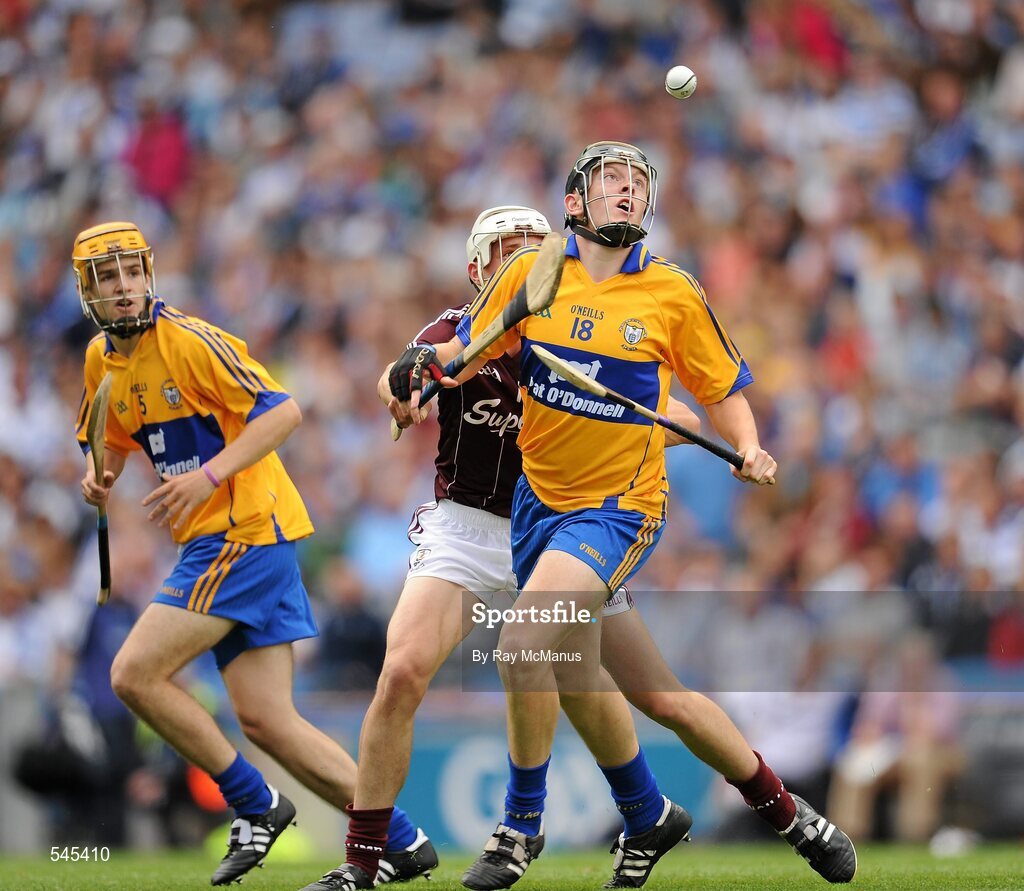7 August 2011; Martin Moroney of Clare in action against Dean Higgins of Galway during the GAA Hurling All-Ireland Minor Championship Semi-Final match between Clare and Galway at Croke Park in Dublin. Photo by Ray McManus/Sportsfile