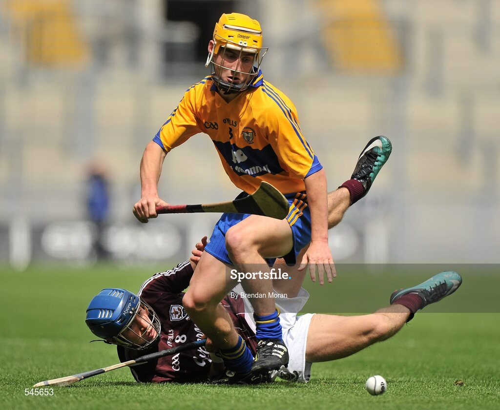 7 August 2011; Colm Galvin, Clare, in action against Billy Lane, Galway. GAA Hurling All-Ireland Minor Championship Semi-Final, Clare v Galway, Croke Park, Dublin. Picture credit: Brendan Moran / SPORTSFILE