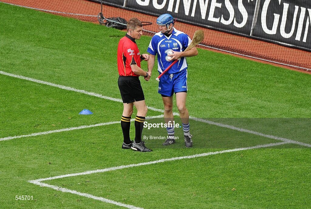 7 August 2011; Referee Barry Kelly in conversation with Waterford goalkeeper Clinton Hennessy before the game. GAA Hurling All-Ireland Senior Championship Semi-Final, Kilkenny v Waterford, Croke Park, Dublin. Picture credit: Brendan Moran / SPORTSFILE