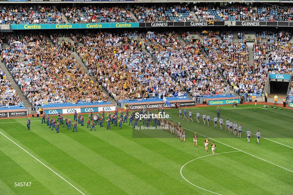7 August 2011; The Kilkenny and Waterford teams walk behind the Artane School of Music Band during the pre-match parade. GAA Hurling All-Ireland Senior Championship Semi-Final, Kilkenny v Waterford, Croke Park, Dublin. Picture credit: Brendan Moran / SPORTSFILE