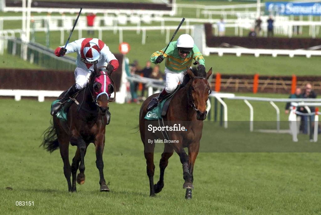 12 March 2002; Like a Butterfly with Charlie Swan up, right, races clear of Westender with Tony McCoy up to go on and win the Gerrard Supreme Novices Hurdle Race during Day One of the Cheltenham Racing Festival at Prestbury Park in Cheltenham, England. Photo by Matt Browne/Sportsfile